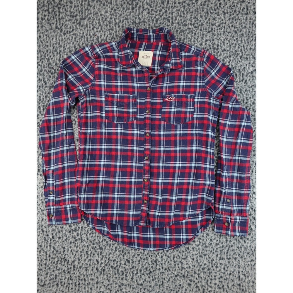 Hollister Button Down Flannel Shirt Womens Small Red Navy Blue Plaid Long Sleeve